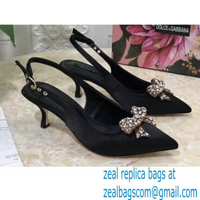 Dolce & Gabbana Heel 6.5cm Satin Slingbacks Black with Crystal Bow 2021 - Click Image to Close